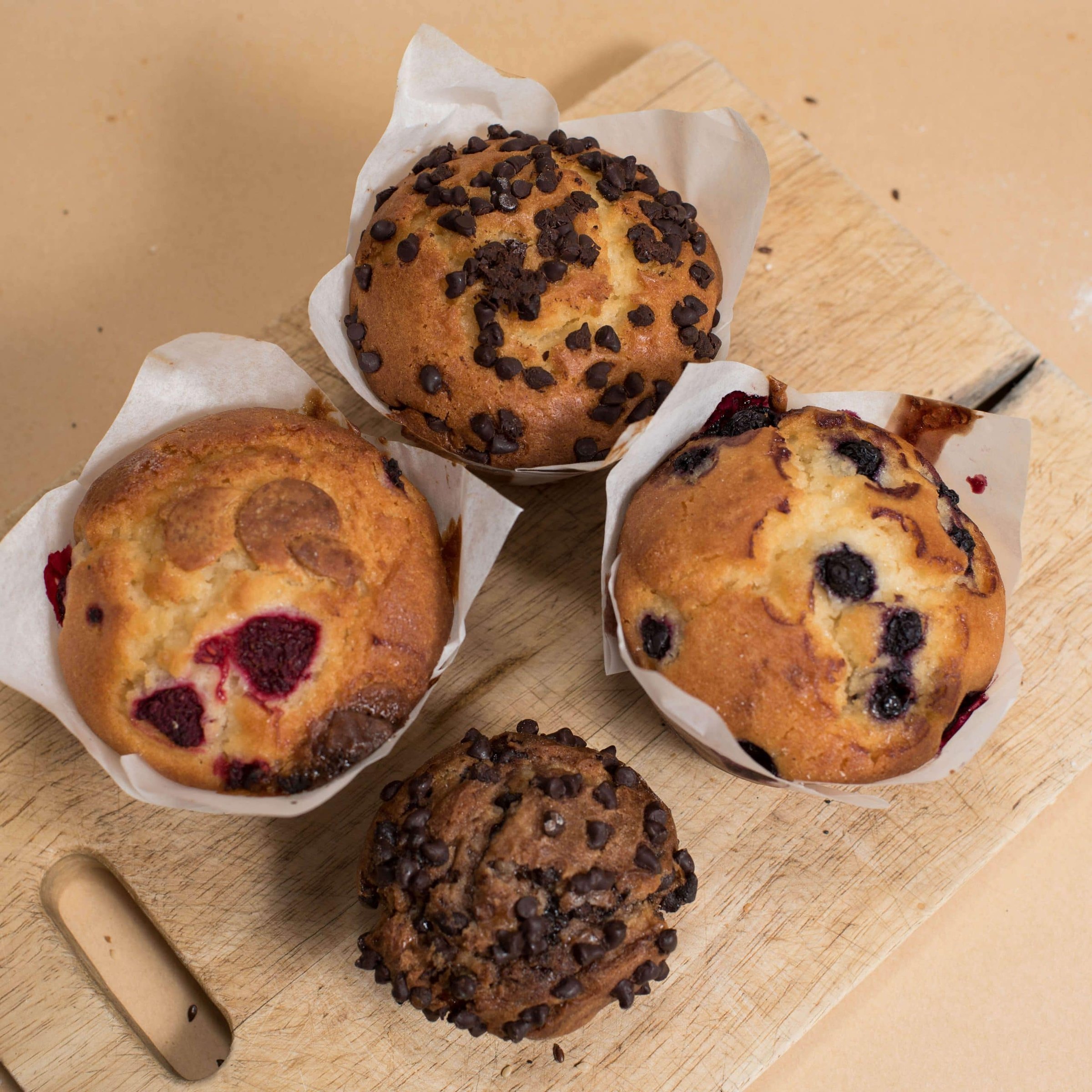 Raspberry, blueberry and choc chip muffins