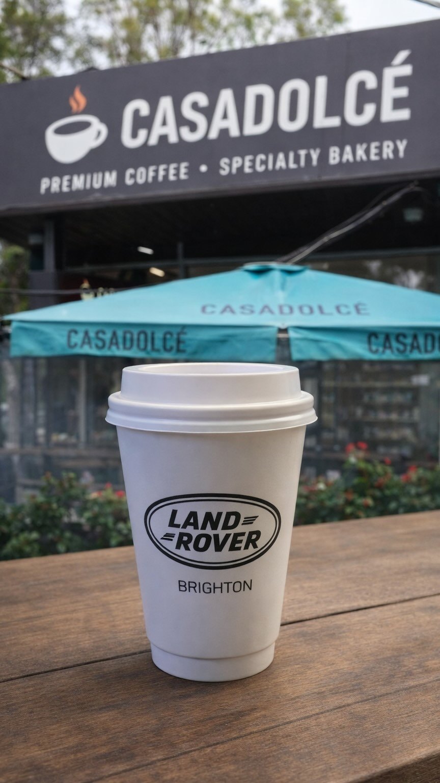 A takeaway cup in front of the Casadolcé sign