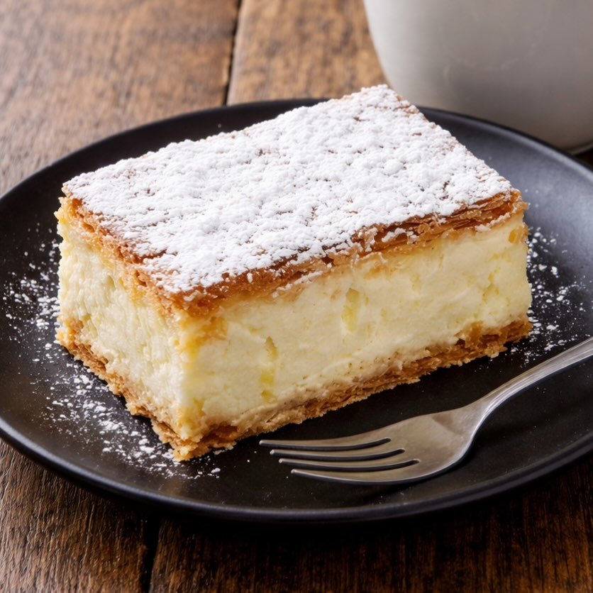 Vanilla slice dusted with icing sugar